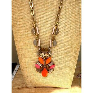 Stella & Dot Statement Necklace With Gold Chain & Orange Pink Gemstone Accents